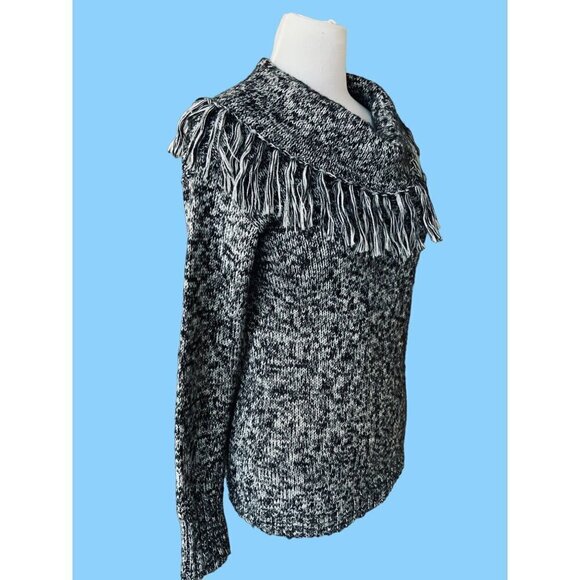 JONES NEW YORK SPORT LADIES LS  BLACK WHITE HERRINGBONE TASSELED SWEATER EUC S - Picture 7 of 9